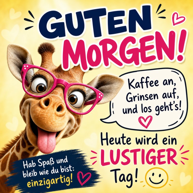 Eine lachende Giraffe mit pinker Brille und Kaffeezitat liefert einen fröhlichen Guten-Morgen-Gruß in bunten Farben und humorvollem Stil.