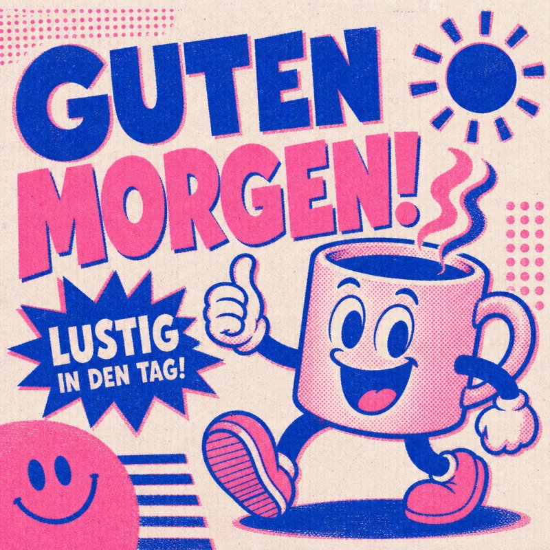 Ein fröhlicher Kaffeebecher mit Gesicht und Daumen hoch ziert diese humorvolle Guten-Morgen-Grußkarte im retro Comic-Stil mit rosa und blauen Farben.