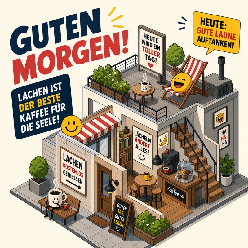 Eine fröhliche Kaffeeecke mit lächelnden Emojis und Sprüchen verbreitet im Comic-Stil einen Guten-Morgen-Gruß mit Kaffee und guter Laune.
