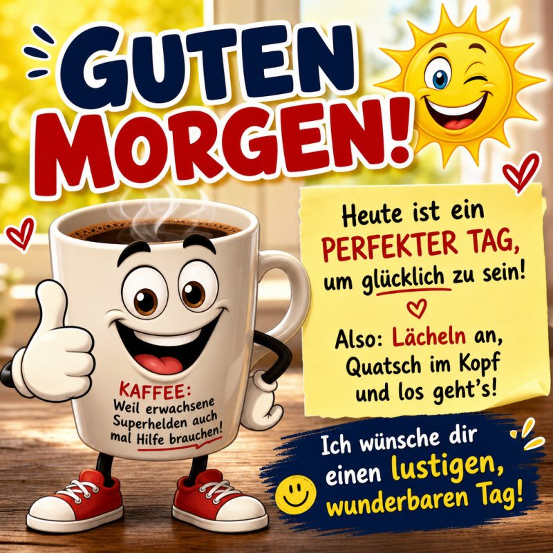 Ein lustiger Guten-Morgen-Gruß mit einer fröhlichen Kaffeetasse, die lächelt und Turnschuhe trägt, begleitet von einem strahlenden Sonnenschein.