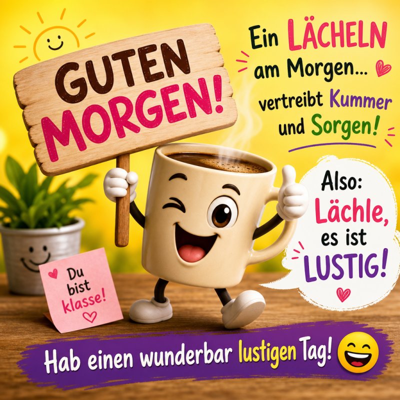 Eine fröhliche Kaffeetasse mit Gesicht hält ein Schild mit 'Guten Morgen', begleitet von einem Pflanzenfreund, bietet einen lustigen Guten-Morgen-Gruß.