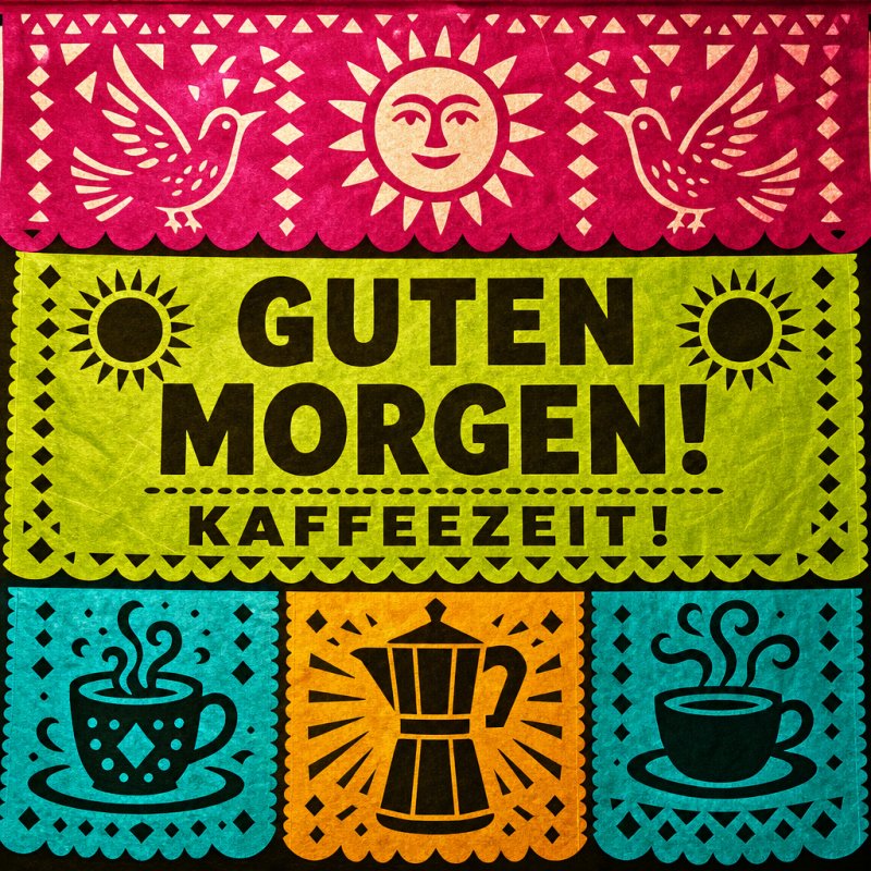 Ein buntes, folkloristisches Design mit zwei Vögeln, Sonne, und Kaffeetassen in hellen Farben illustriert einen ansprechenden Guten-Morgen-Gruß.
