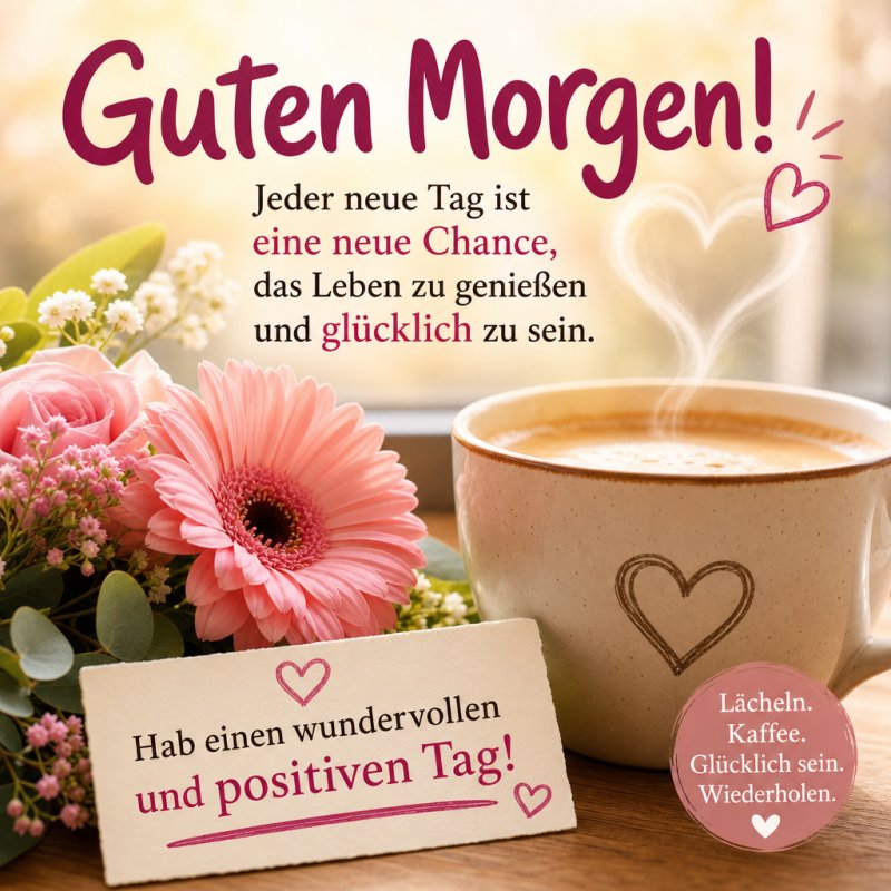 Ein Herz-Dekorierter Kaffee und frische Blumen begleiten einen Guten-Morgen-Gruß mit positiver Botschaft in freundlicher Atmosphäre.