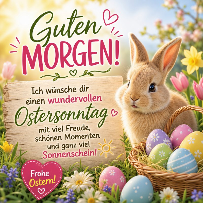 Ein niedlicher Hase sitzt neben einem mit bunten Eiern gefüllten Korb in einer blühenden Frühlingswiese als Guten-Morgen-Gruß zu Ostern.