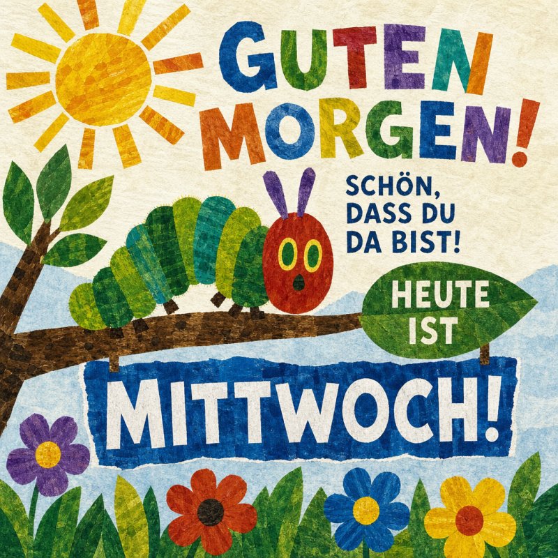 Eine bunte Raupe sitzt auf einem Ast mit Blumen im Vordergrund und sonnigem Hintergrund, als Teil eines Guten-Morgen-Grußes zum Mittwoch.