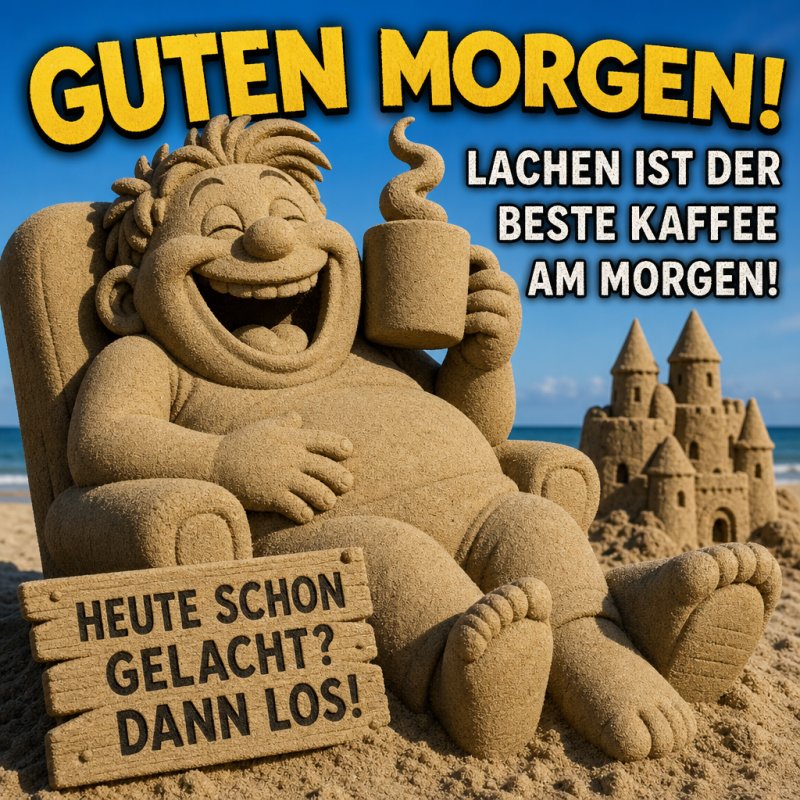 Eine lustige Sandfigur hält eine Tasse, sitzt vor einer Sandburg am Strand und vermittelt einen humorvollen Guten-Morgen-Gruß.