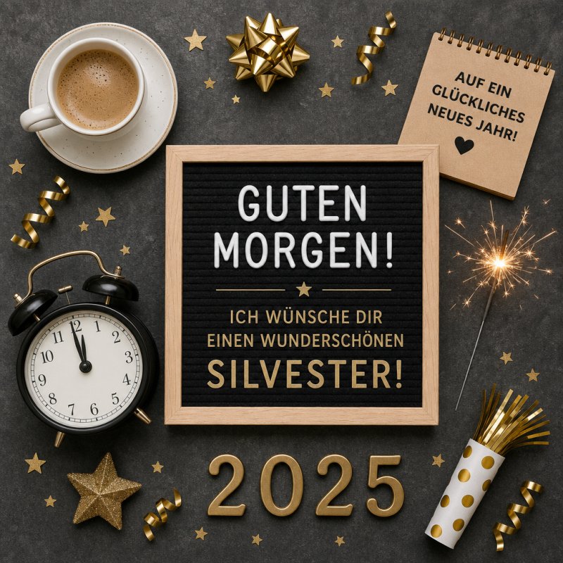 Ein stilvoller Guten-Morgen-Gruß mit Kaffee, Wecker, goldenen Sternen und Kerzen vermittelt festliche Silvesterstimmung für das Jahr 2025.