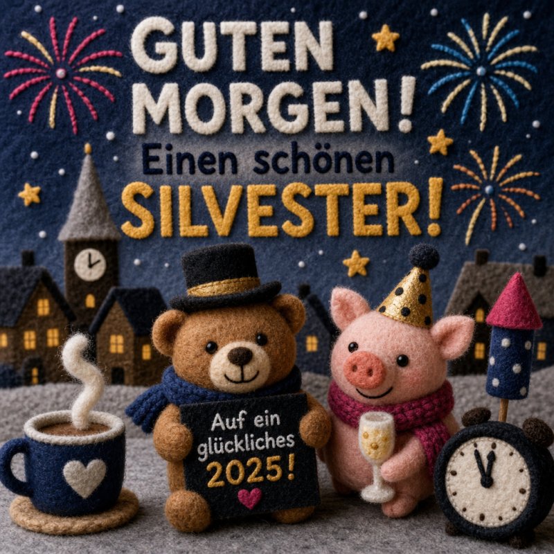 Ein freundlicher Bär und ein Schwein mit Partyhüten feiern mit Raketen und Sekt in einem nächtlichen Dorf, begleitet von einem Guten-Morgen-Gruß.
