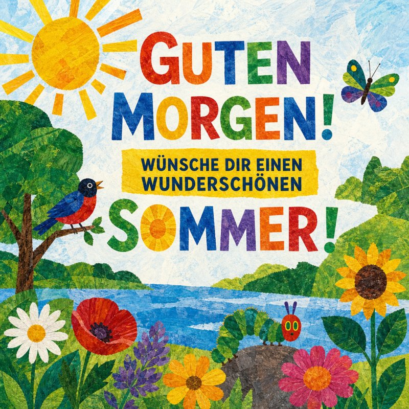 Bunte Guten-Morgen-Gruß-Karte mit Blumen, einem Vogel auf einem Baum, einem Schmetterling und einer Raupe vor einem sonnigen See im Sommer.