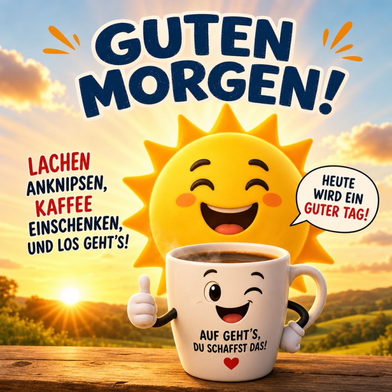 Eine animierte Sonne und eine lächelnde Kaffeetasse bilden einen freundlichen Guten-Morgen-Gruß vor einer sonnigen Landschaft.