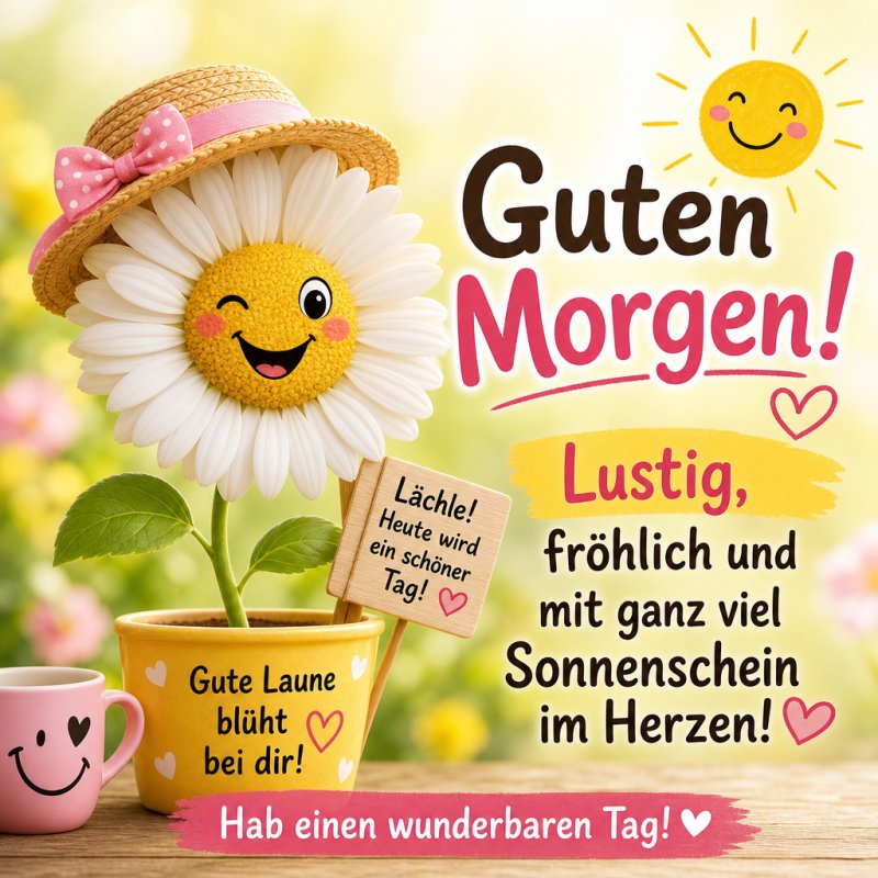 Eine fröhliche Sonnenblume mit einem Strohhut und einem Zwinkergesicht vermittelt einen lustigen Guten-Morgen-Gruß neben farbenfrohen Aufschriften.