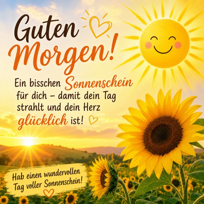 Ein sonniger Guten-Morgen-Gruß zeigt lächelnde Sonnenblumen und eine strahlende Sonne mit Gesicht in einer leuchtenden Sommerlandschaft.