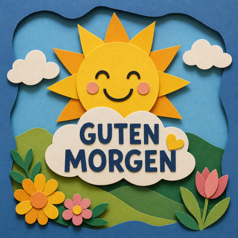 Eine bunte, fröhliche Szene mit einer lachenden Sonne, Bergen und Blumen illustriert einen herzlichen Guten-Morgen-Gruß.