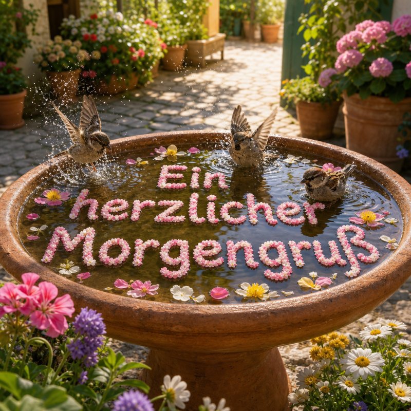 Sonnenbeschienener Innenhof mit planschenden Spatzen im Vogelbad. Guten-Morgen-Gruß aus stilisierten Blütenblättern im Vogelbad, eingefangen in fotorealistischer 3D-Renderung.