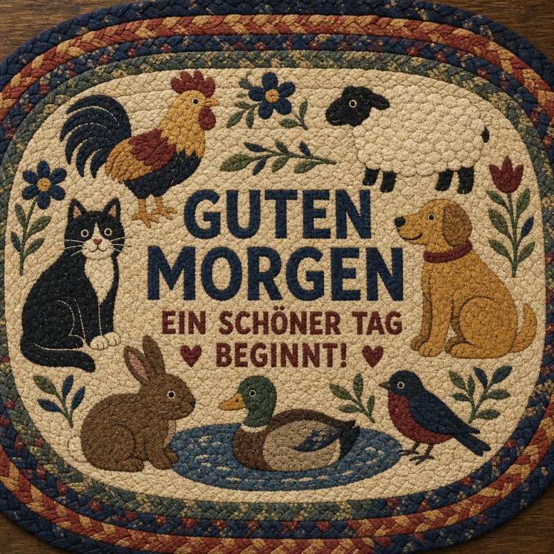 Eine bunte Illustration zeigt verschiedene Tiere wie Hund, Katze, Hase und Ente umgeben von Blumen und Herzen als liebevoller Guten-Morgen-Gruß.