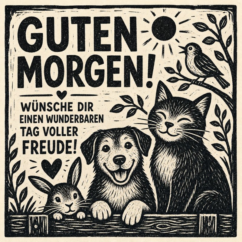 Ein Hund, eine Katze und ein Hase lächeln unter einem Vogel im Baum, umgeben von Herzen als Guten-Morgen-Gruß in einer fröhlichen Illustration.