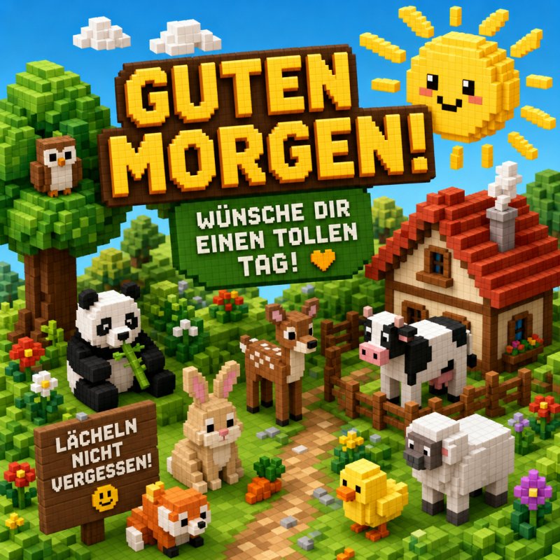 Ein pixelartiger Guten-Morgen-Gruß zeigt eine fröhliche Tierwelt mit Panda, Reh, Hase, Kuh und anderen um ein Häuschen unter einer lachenden Sonne.