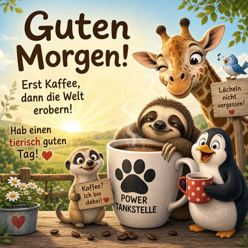 Ein fröhlicher Guten-Morgen-Gruß zeigt eine Giraffe, ein Faultier und einen Pinguin mit Kaffeetassen in einer idyllischen Gartenszene.
