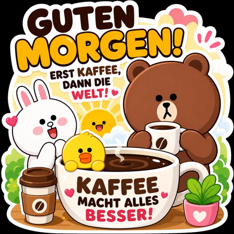 Ein fröhlicher Guten-Morgen-Gruß mit einem Bären, Kaninchen und Küken, die gemeinsam Kaffee genießen, umgeben von hellen Farben und fröhlichen Illustrationen.