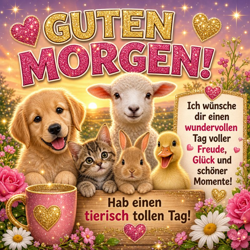 Ein entzückender Guten-Morgen-Gruß mit Welpe, Kätzchen, Lamm, Kaninchen und Küken vor einem fröhlichen rosa- und goldfarbenen Hintergrund.