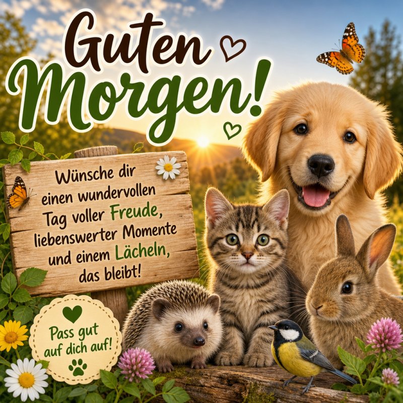 Ein Hund, zwei Kätzchen, ein Igel, ein Kaninchen und ein Vogel posieren zusammen in einer Waldlichtung für einen fröhlichen Guten-Morgen-Gruß.