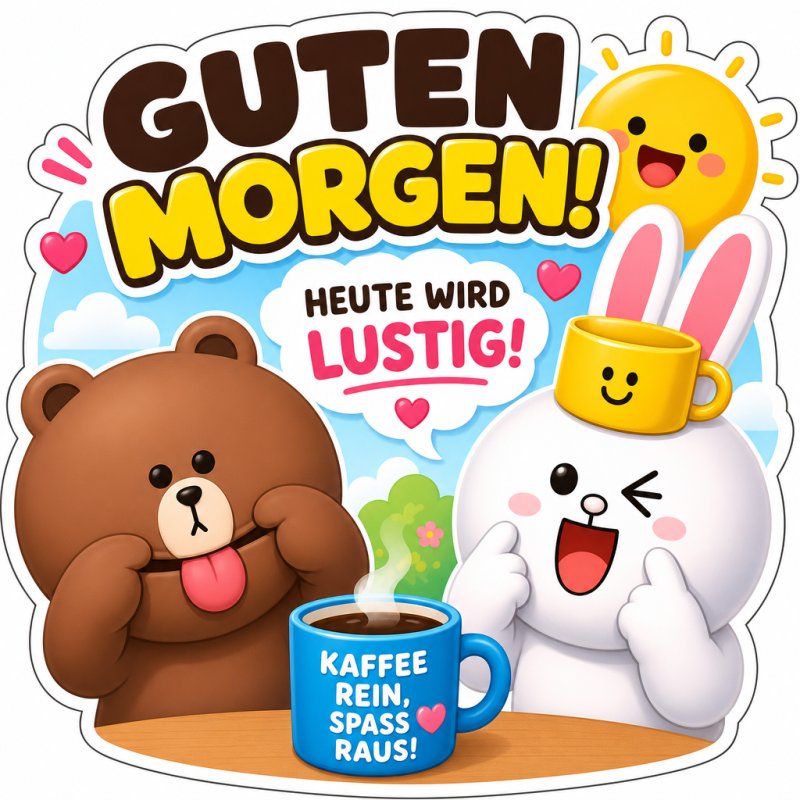 Zwei cartoonartige Tiere, ein Hase mit einer Tasse auf dem Kopf und ein Bär, posieren fröhlich mit Kaffee, begleitet von einem lustigen Guten-Morgen-Gruß.
