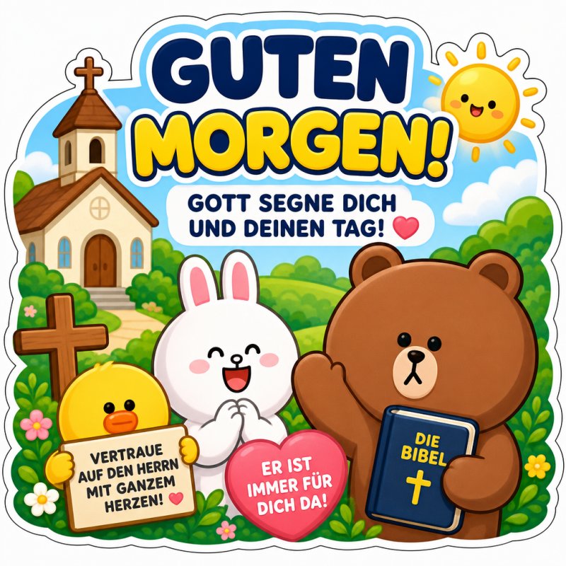 Ein fröhlicher Guten-Morgen-Gruß zeigt bunte Tiere mit einer Bibel und einem Schild vor einer kleinen Kirche mit Sonne und Herz.