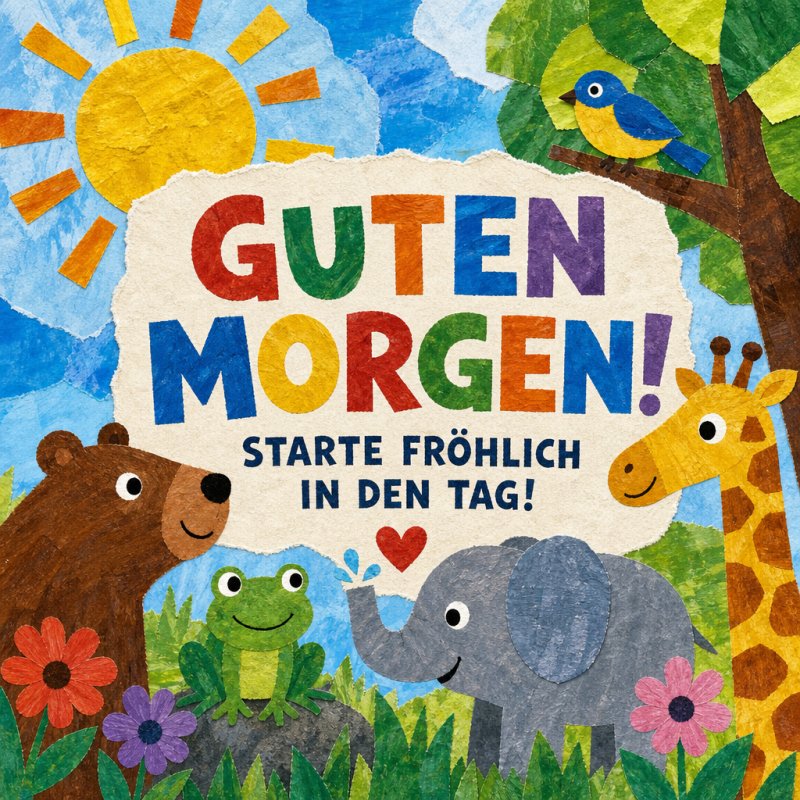 Eine bunte Illustration zeigt fröhliche Tiere wie einen Bären, Frosch, Elefanten und Giraffe unter der Sonne, begleitet von einem Guten-Morgen-Gruß.