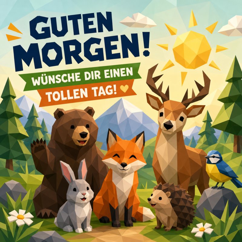 Ein polygonaler Fuchs, Hase, Igel, Reh, Bär und Blaumeise stehen lächelnd in einer Waldlandschaft mit einem „Guten Morgen“-Gruß unter der Sonne.