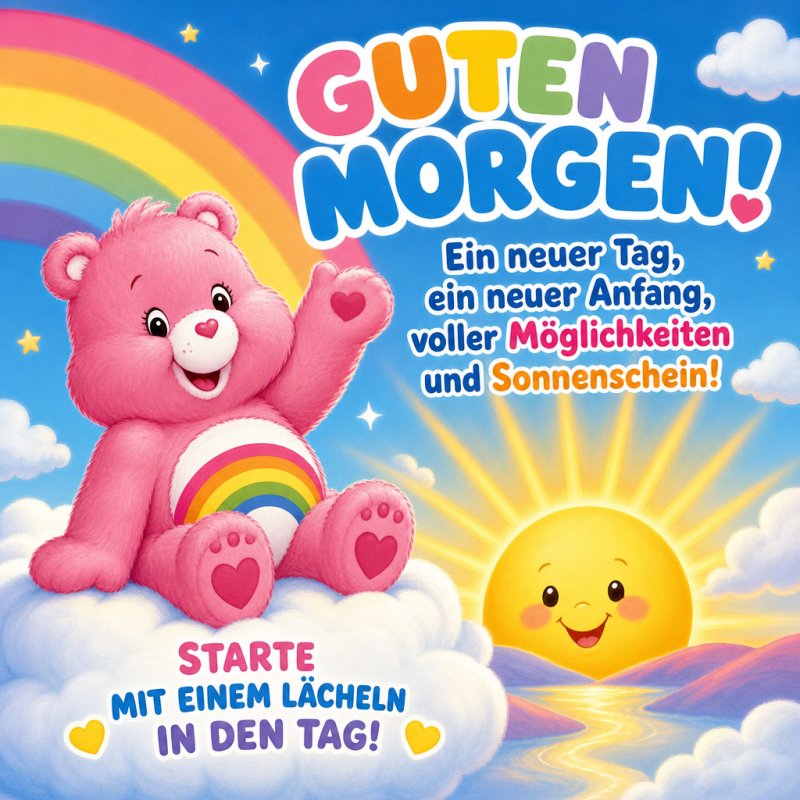 Ein lächelnder rosa Bär mit einem Herzbauch sitzt auf einer Wolke vor einem Regenbogen in einem sonnigen Himmel als Guten-Morgen-Gruß.