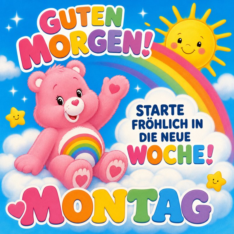 Ein lächelnder pinker Bär sitzt auf einer Wolke vor einem Regenbogen und einer strahlenden Sonne; ein fröhlicher Guten-Morgen-Gruß für Montag.