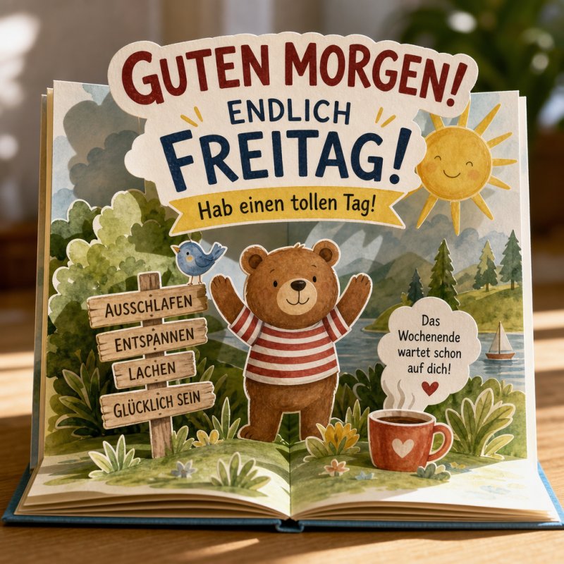 Ein fröhlicher Bär in einem geöffneten Buch begrüßt den Freitag mit einem Guten-Morgen-Gruß, begleitet von Sonne, Tasse Kaffee und einem kleinen Vogel.