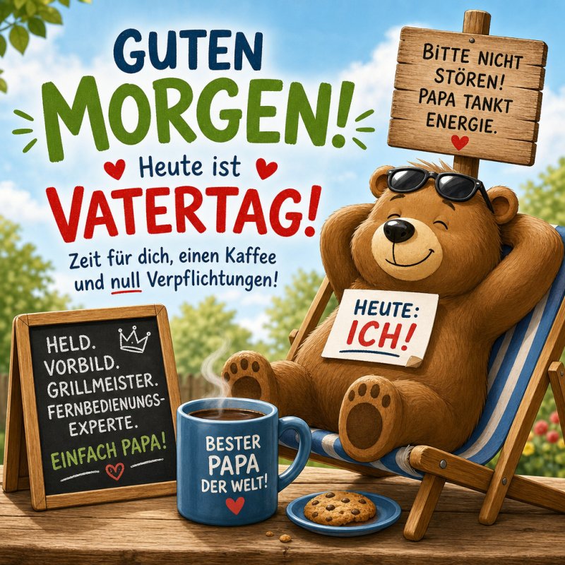 Ein entspannter Bär in Sonnenliege mit Kaffee und Keks, umgeben von Schildern und typografischen Elementen, vermittelt einen fröhlichen Guten-Morgen-Gruß zum Vatertag.