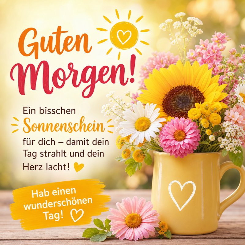 Ein bunter Blumenstrauß in einer gelben Tasse mit Herzmotiv strahlt im Sonnenschein und begleitet einen herzlichen Guten-Morgen-Gruß für einen schönen Tag.