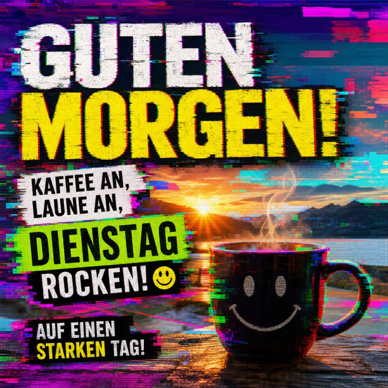 Ein bunter Guten-Morgen-Gruß zeigt eine Tasse mit lächelndem Gesicht vor einem Sonnenaufgang am See, umgeben von glitchartigen Farben.