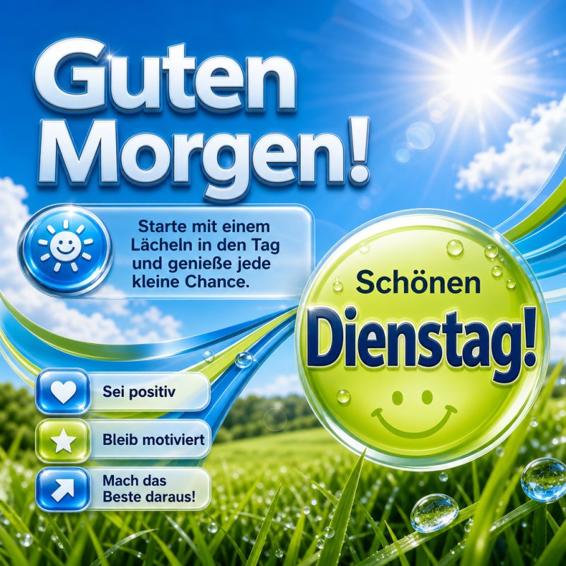 Ein bunter Guten-Morgen-Gruß für Dienstag mit blauem Himmel, grünem Gras und motivierenden Botschaften, die zum Lächeln anregen.