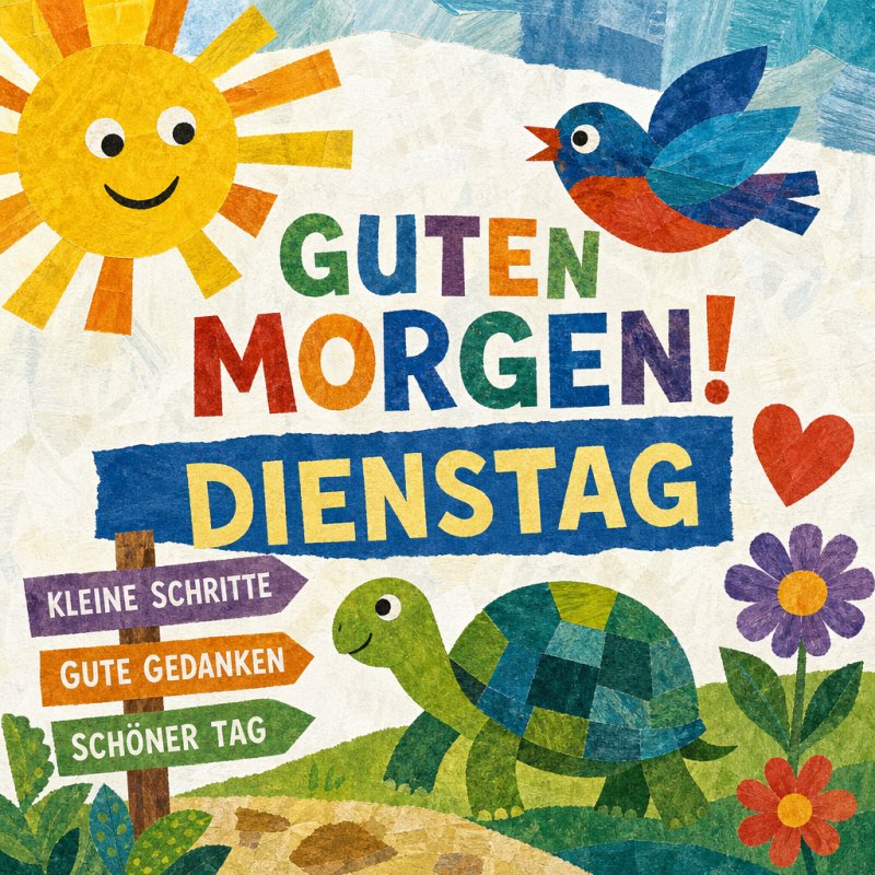 Ein farbenfroher Guten-Morgen-Gruß für Dienstag mit strahlender Sonne, fröhlichem Vogel, Schildkröte und bunten Blumen in verspieltem Collagenstil.