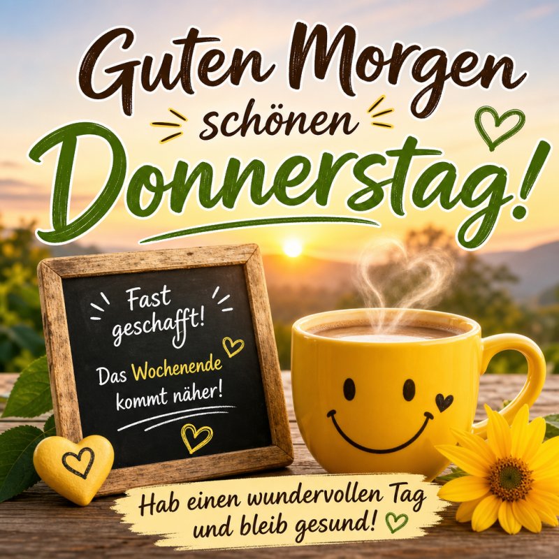 Ein lächelnder gelber Becher mit Herzen und eine Sonnenblume vor einer malerischen Landschaft vermitteln in diesem Guten-Morgen-Gruß positive Energie und Freude.