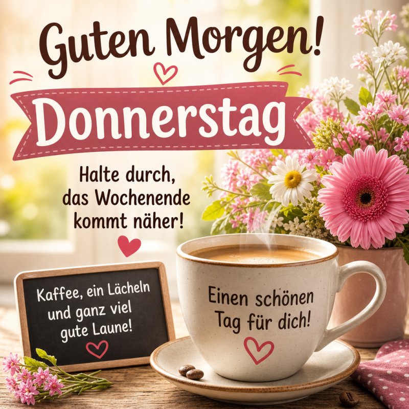 Ein gemütlicher Guten-Morgen-Gruß mit einer Tasse Kaffee, rosa Blumen, einem Fenster im Hintergrund und freundlichen Botschaften für einen schönen Donnerstag.