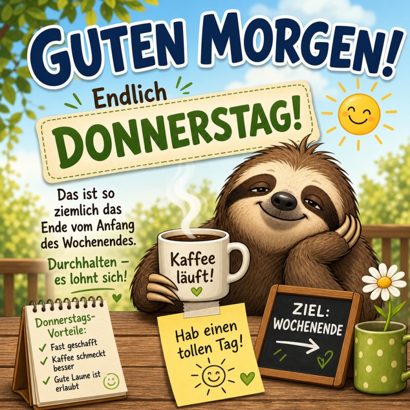 Ein gut gelauntes Faultier hält eine Kaffeetasse mit der Aufschrift „Kaffee läuft!“ und genießt einen sonnigen Guten-Morgen-Donnerstag im Comic-Stil.