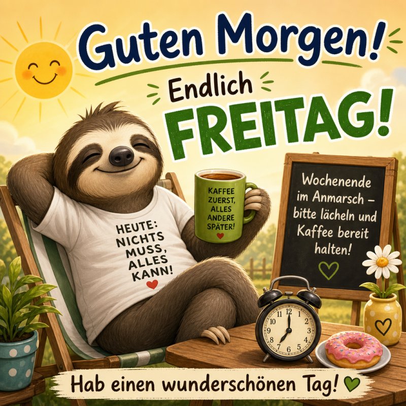 Ein lächelndes Faultier genießt den Morgen mit einem Kaffee und Zitat auf dem Shirt, umgeben von einem Wecker und einem Donut, als Teil eines Guten-Morgen-Grußes.