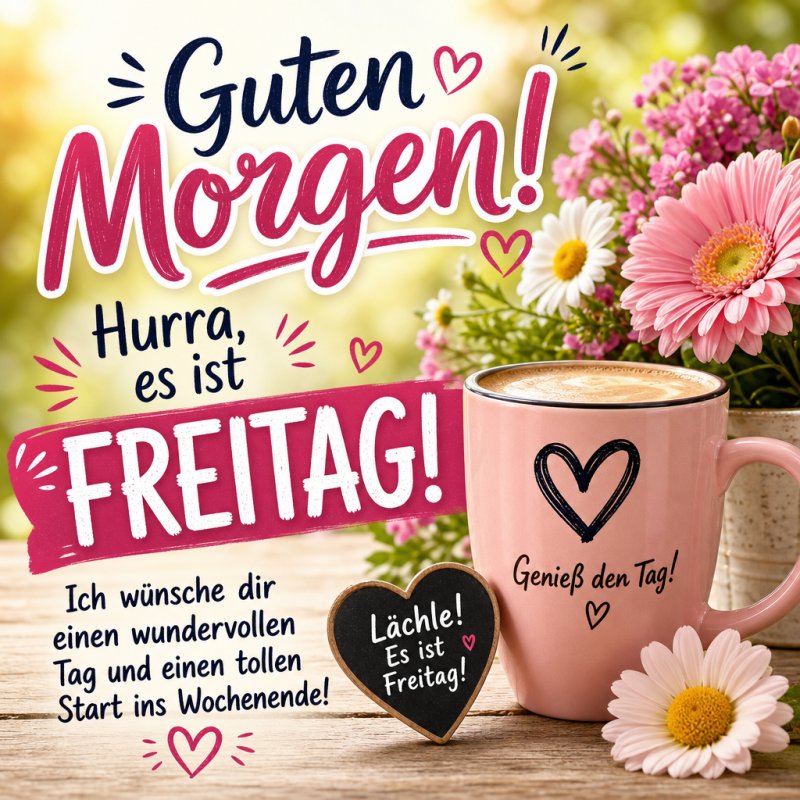 Ein fröhlicher Guten-Morgen-Gruß mit einer rosa Tasse Kaffee, Blumen und herzlichen Botschaften zum Start in den Freitag.