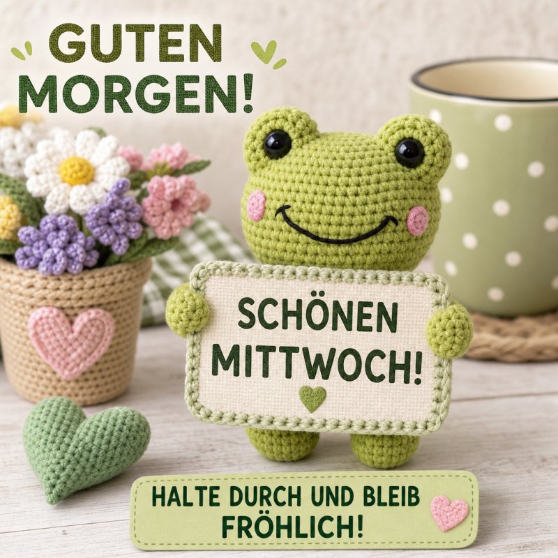 Ein gehäkelter Frosch mit Schild 'Schönen Mittwoch', ein Herz und ein Blumenstrauß verbreiten in einem gemütlichen Setting einen fröhlichen Guten-Morgen-Gruß.