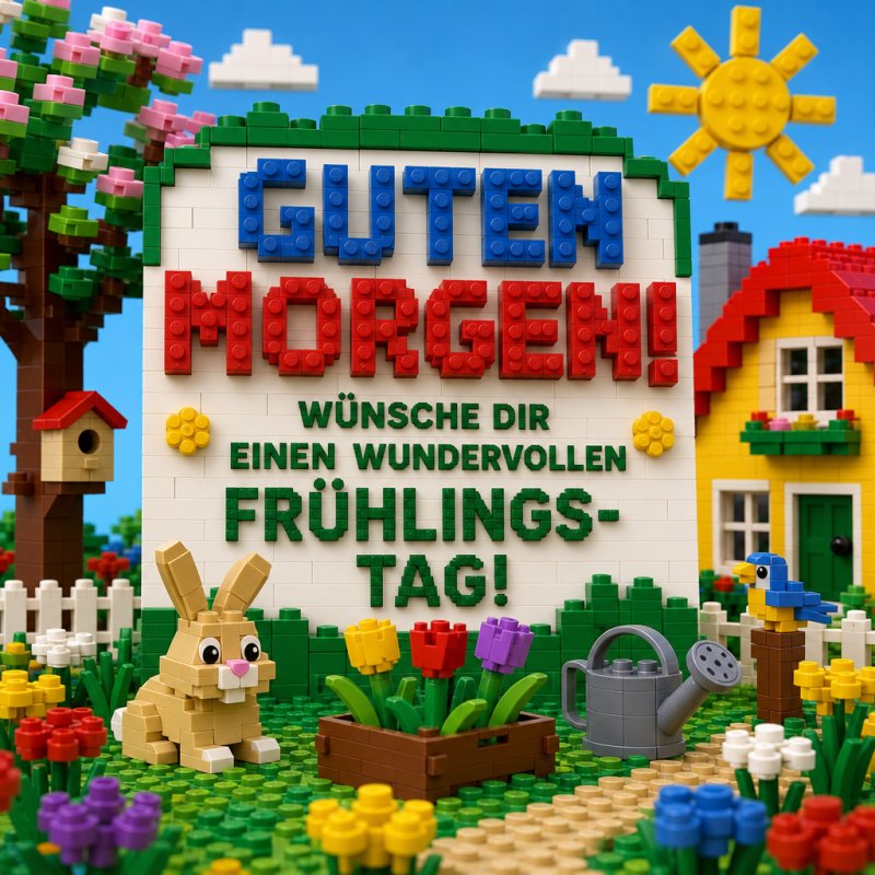 Ein bunter Lego-Garten mit Blumen, einem Hasen und einem Schild für einen farbenfrohen Guten-Morgen-Gruß an einem sonnigen Frühlingstag.