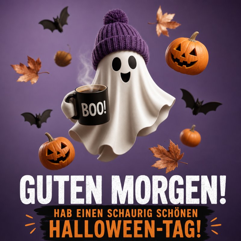 Ein fröhlicher Geist mit Mütze hält eine 'Boo!' Kaffeetasse umgeben von Kürbissen und Herbstblättern als Guten-Morgen-Gruß zu Halloween.