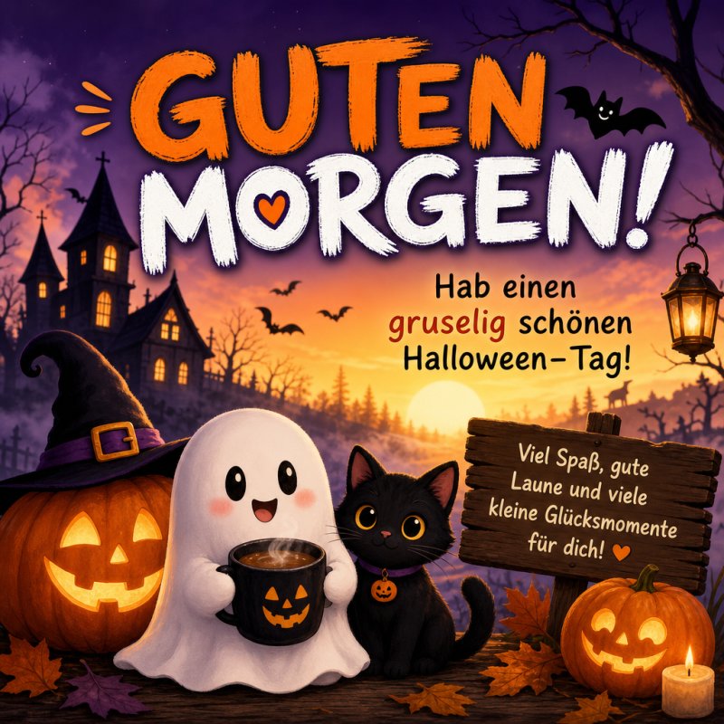 Ein glücklicher Geist mit Kürbisbecher und schwarze Katze sitzen vor einer Halloween-Szene mit Schloss bei Sonnenaufgang als Guten-Morgen-Gruß.