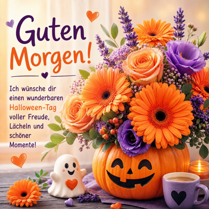 Ein strahlender Blumenstrauß aus orangefarbenen Gerbera und Rosen in einem Kürbis neben einem lächelnden Geist, perfekt für einen Guten-Morgen-Gruß.