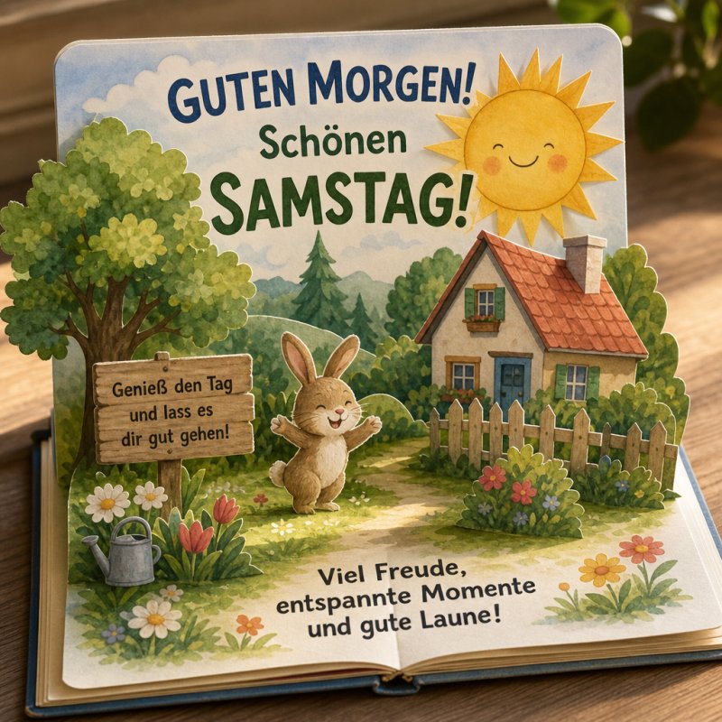 Ein fröhlicher Hase grüßt auf einer grünen Wiese vor einem Landhaus mit Zaun und Sonne bei einem Guten-Morgen-Gruß im farbenfrohen Illustrationsstil.