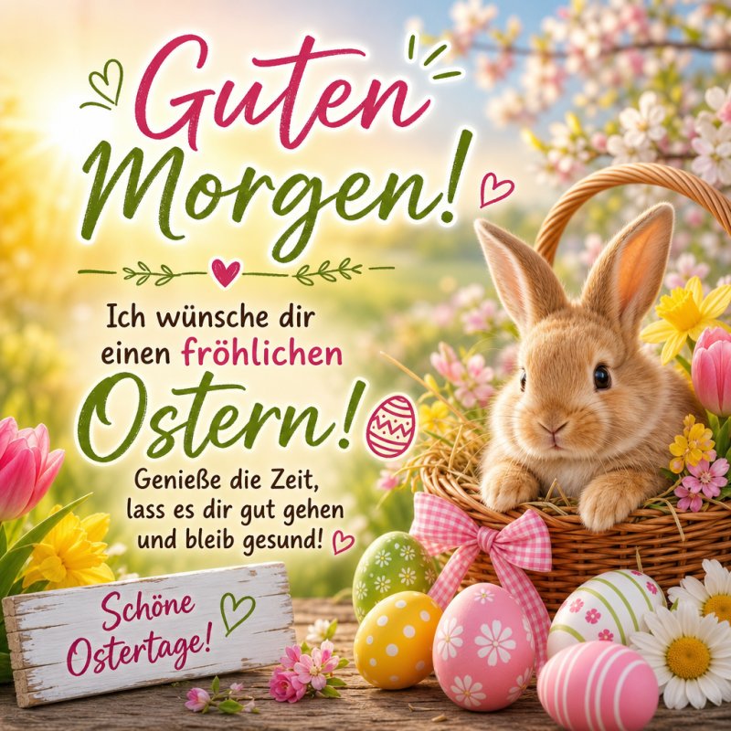 Ein niedlicher Hase sitzt in einem Osternest mit bunten Eiern und Blumen, während ein freundlicher Guten-Morgen-Gruß den fröhlichen Ostertag einleitet.