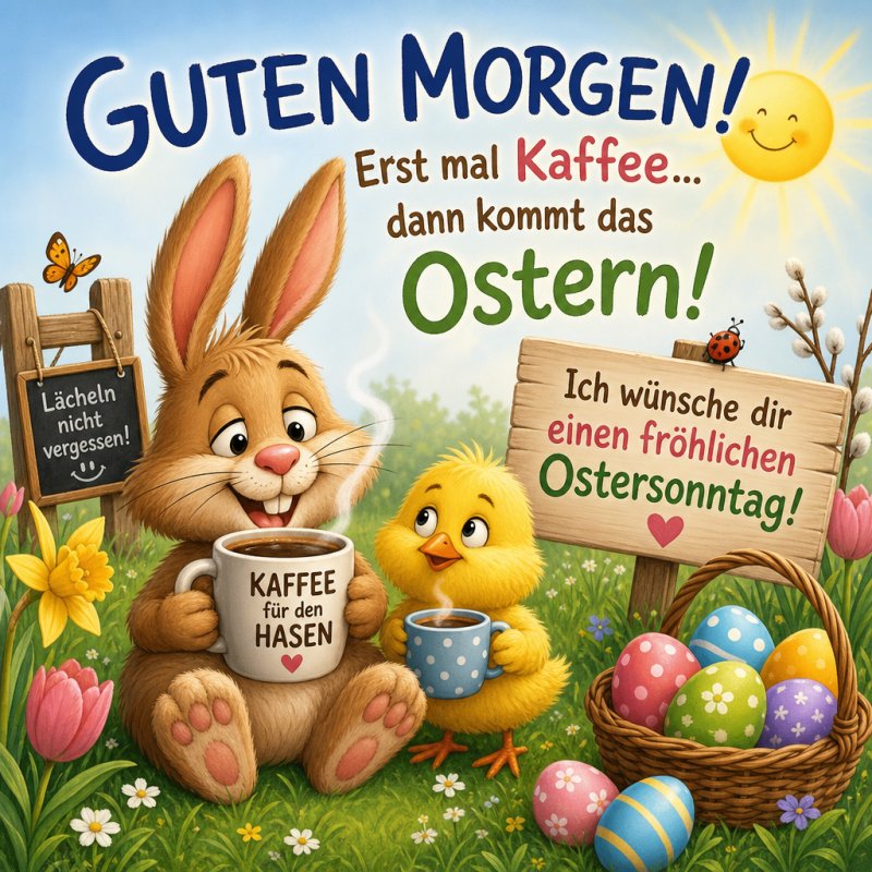 Ein fröhlicher Hase mit einer Kaffeetasse und ein gelbes Küken sitzen auf einer Wiese voller Ostereier für einen charmanten Guten-Morgen-Gruß.